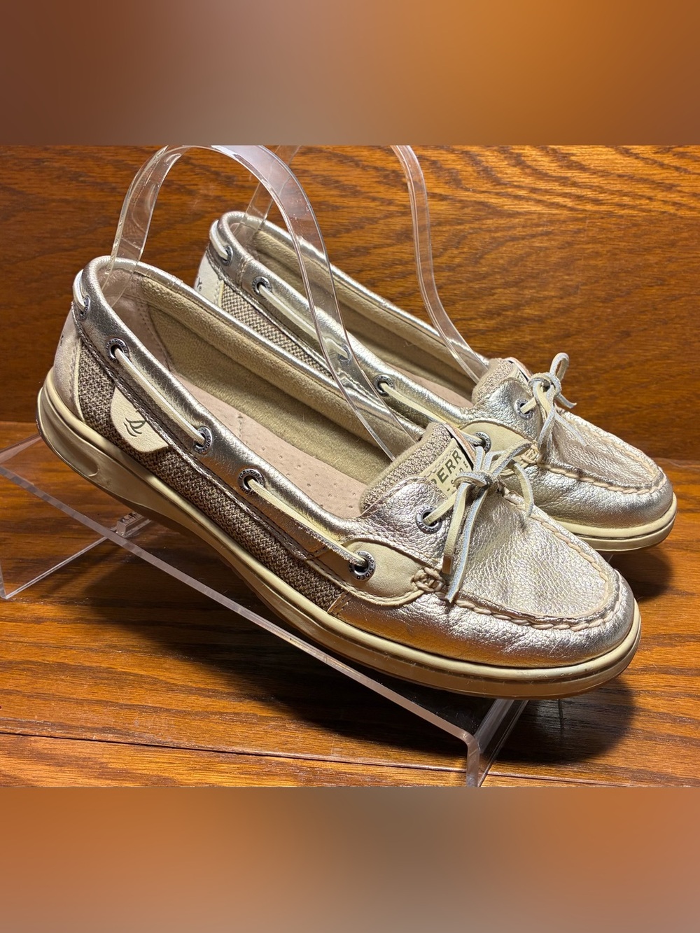 Sperry Angelfish 1 Eye Metallic Champagne Leather Boat Shoes Size 8